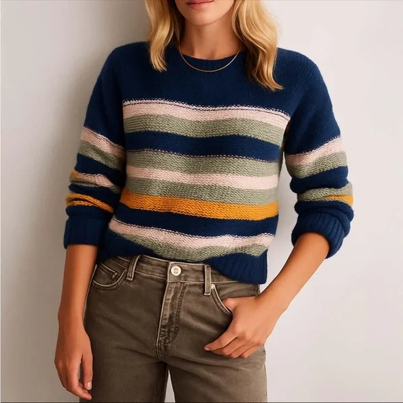 Women's Striped Navy Sweater - Picture 2 of 6